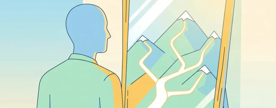 Silhouette contemplative devant un miroir révélant une carte de possibilités professionnelles
